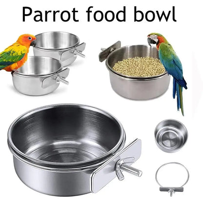 Stainless Steel Bird Bowls Parrot Feeding Bowl Cage Cup Hanging Bowl Clamp-on Water Drinker Pet Food Dish Parrot