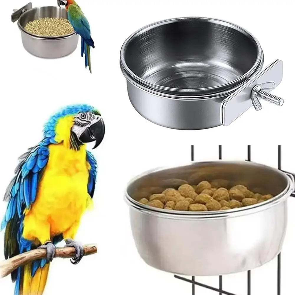 Stainless Steel Bird Bowls Parrot Feeding Bowl Cage Cup Hanging Bowl Clamp-on Water Drinker Pet Food Dish Parrot