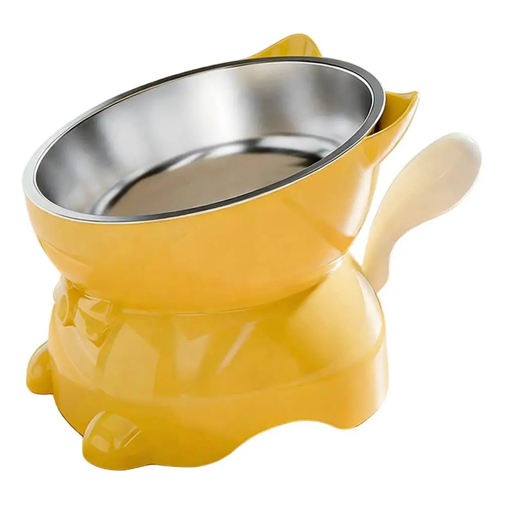 1pc Elevated Stainless Steel Cat Bowl, Inclined Food & Water Dish with Cute Ear Stand, Neck Protection Design for Cats