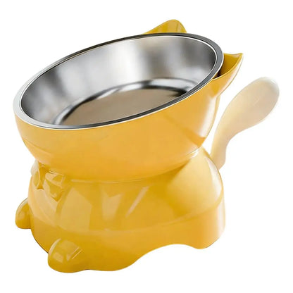 1pc Elevated Stainless Steel Cat Bowl, Inclined Food & Water Dish with Cute Ear Stand, Neck Protection Design for Cats