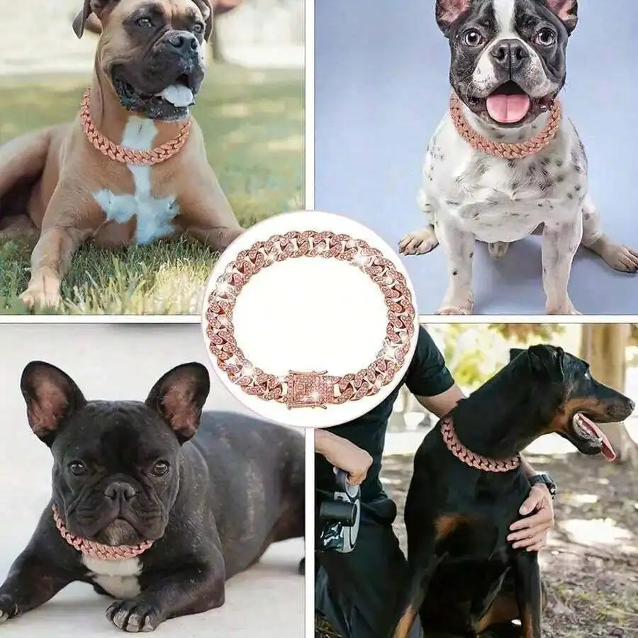 Rose Gold Cuban Chain Pet Collar with Crystal Accents for Dogs and Cats