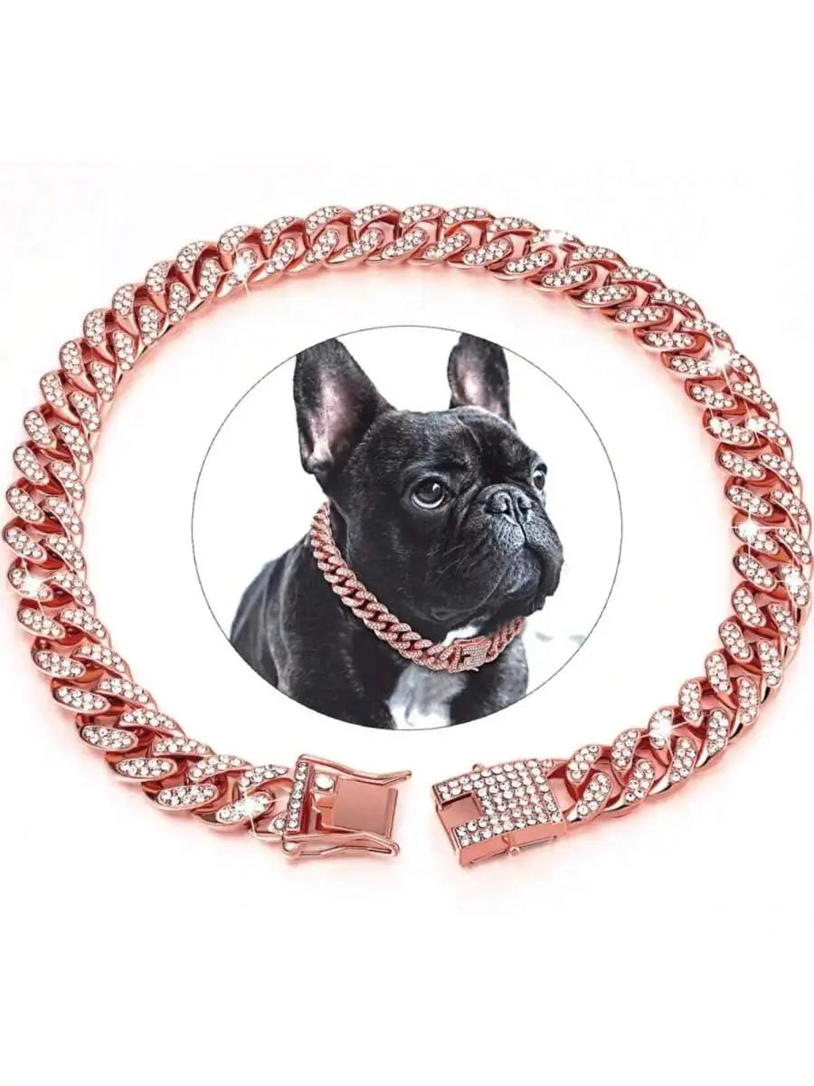 Rose Gold Cuban Chain Pet Collar with Crystal Accents for Dogs and Cats