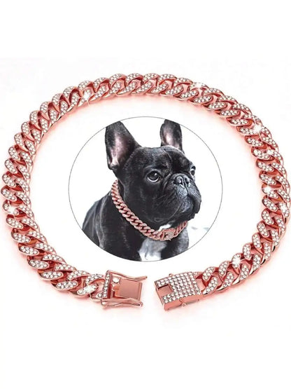 Rose Gold Cuban Chain Pet Collar with Crystal Accents for Dogs and Cats