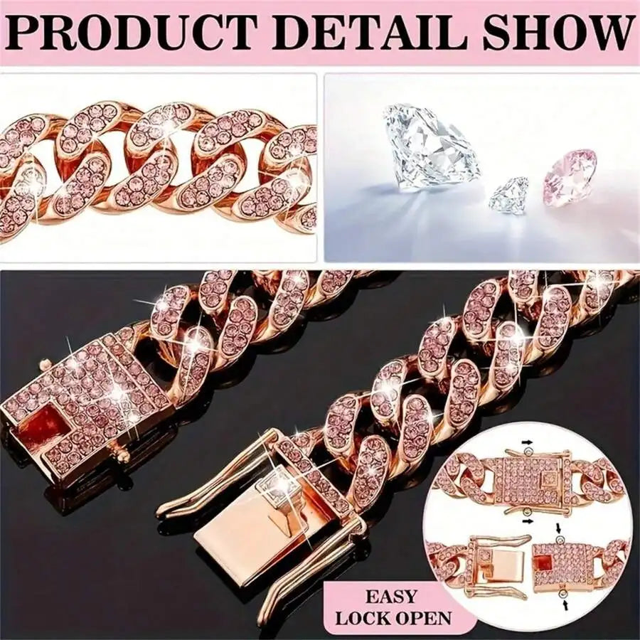 Rose Gold Cuban Chain Pet Collar with Crystal Accents for Dogs and Cats