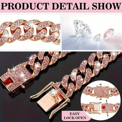 Rose Gold Cuban Chain Pet Collar with Crystal Accents for Dogs and Cats