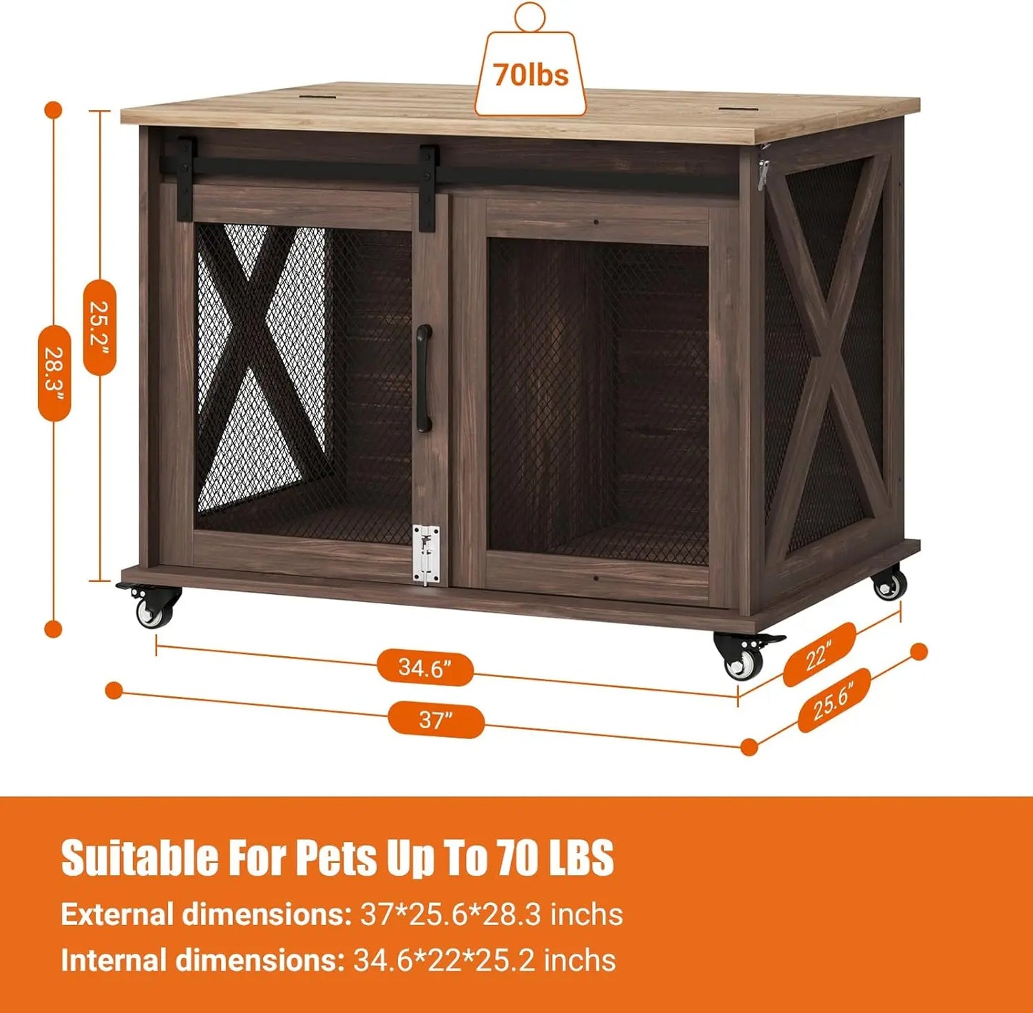 37-Inch Dog Kennel Furniture – Farmhouse Style Crate with Barn Door Design
