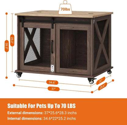 37-Inch Dog Kennel Furniture – Farmhouse Style Crate with Barn Door Design