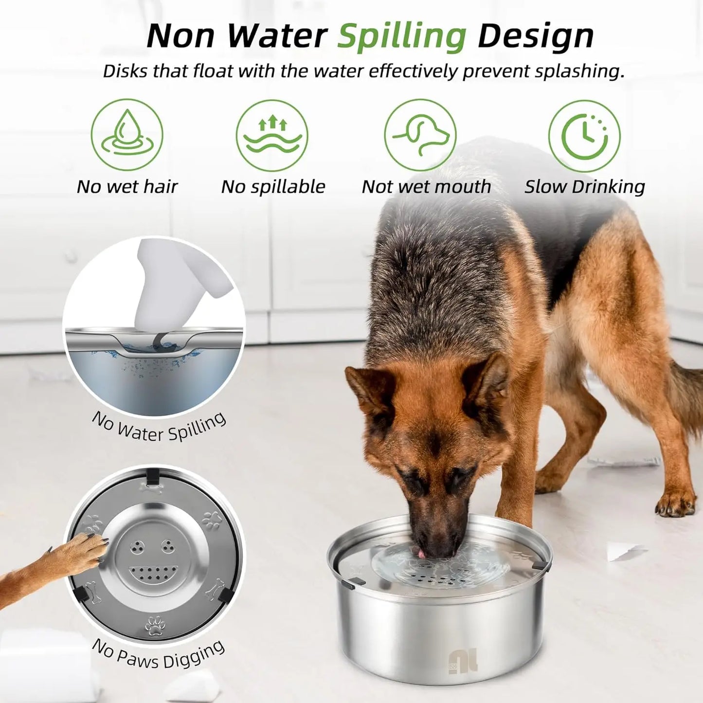 1L No Spill Dog Water Bowl, Stainless Steel Slow Feeder, Anti-Splash