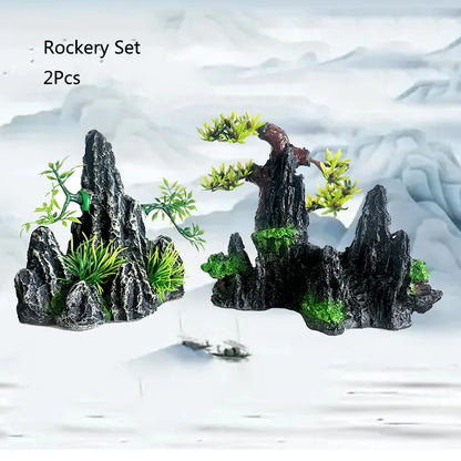 Fish Tank Rockery Ornament – Resin Mountain & Tree Aquascape Decor