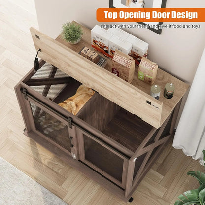 37-Inch Dog Kennel Furniture – Farmhouse Style Crate with Barn Door Design