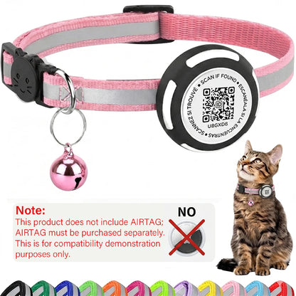 AirTag Cat Collar with Air tag Holder & Pet Name QR Code Dual Protection Reflective Pet Collar for Kitten Puppy (No Airtag)