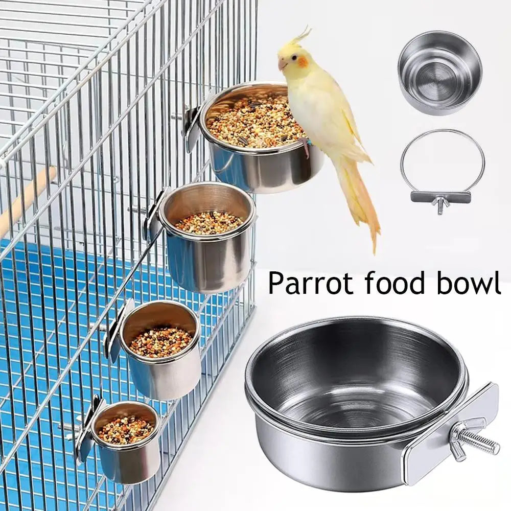 Stainless Steel Bird Bowls Parrot Feeding Bowl Cage Cup Hanging Bowl Clamp-on Water Drinker Pet Food Dish Parrot