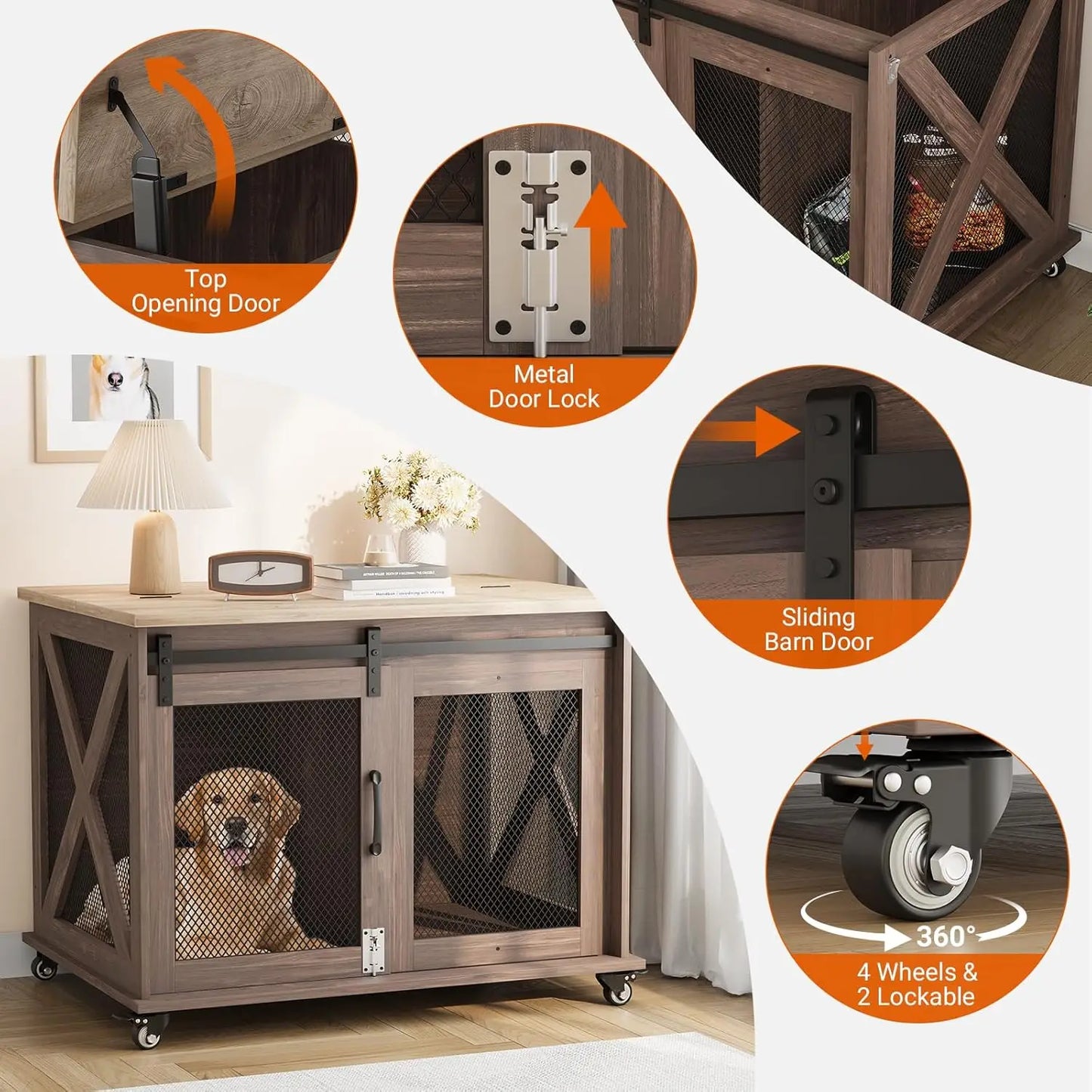37-Inch Dog Kennel Furniture – Farmhouse Style Crate with Barn Door Design