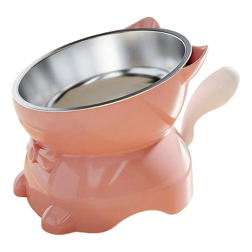 1pc Elevated Stainless Steel Cat Bowl, Inclined Food & Water Dish with Cute Ear Stand, Neck Protection Design for Cats