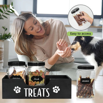 Pet Food Storage Organizer – Farmhouse Wooden Box with 3 Treat Jars
