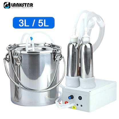 3L/5L Milking Machine Milker Automatic Electric & Pulsating for Farm Cows Goats Sheep Vacuum Pump Stainless Steel Milker Bucket