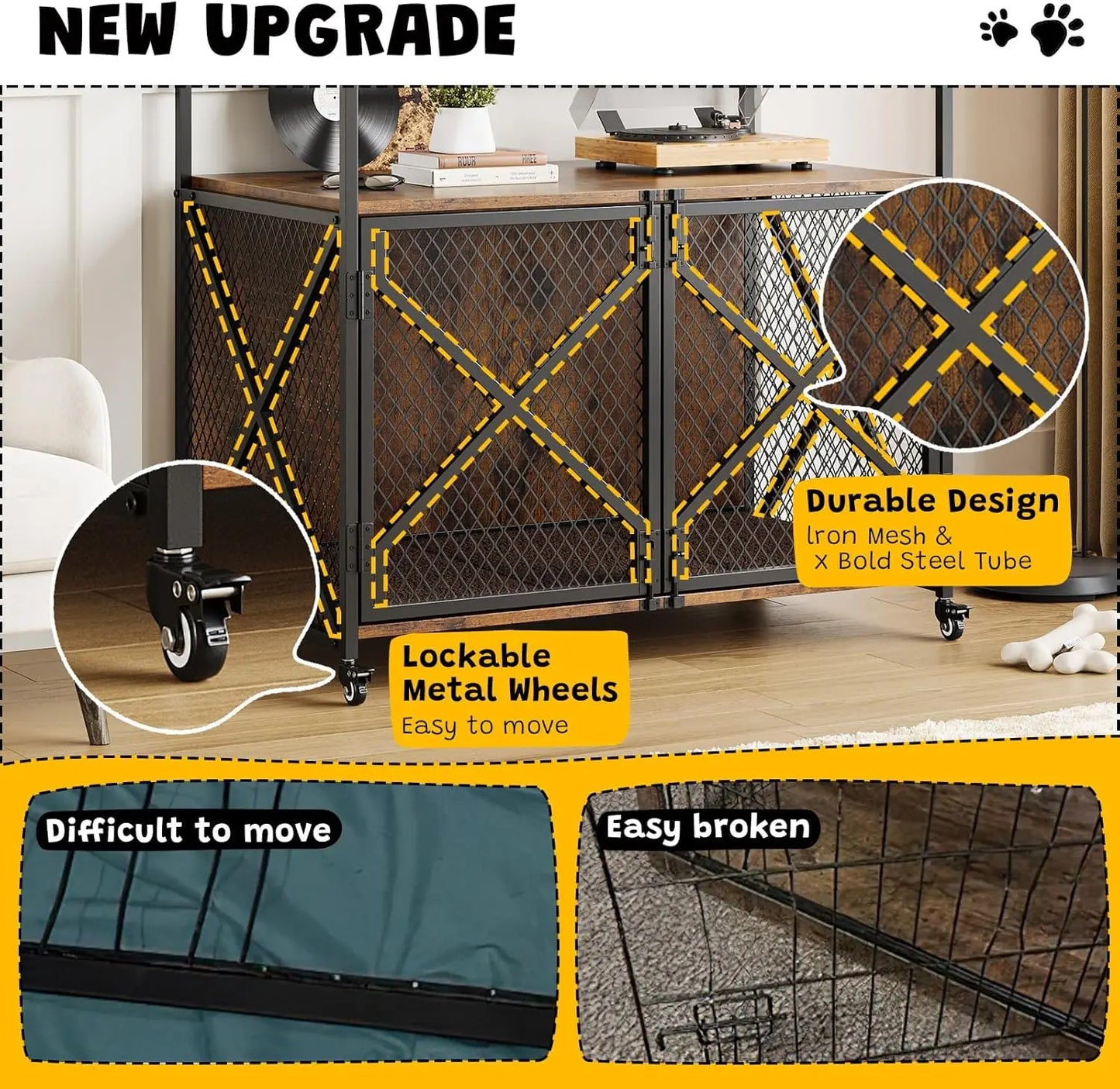 Heavy Duty Dog Cage with Lockable 360° Wheels Double Door Dog Kennel End Table for Small Medium & Large Dogs Crate Furniture