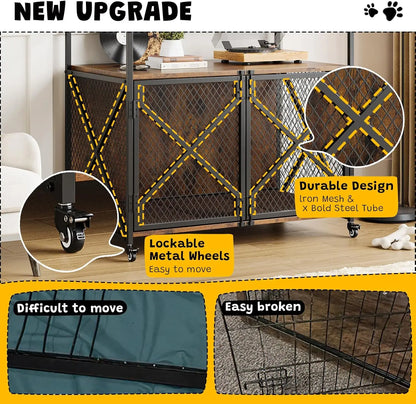 Heavy Duty Dog Cage with Lockable 360° Wheels Double Door Dog Kennel End Table for Small Medium & Large Dogs Crate Furniture