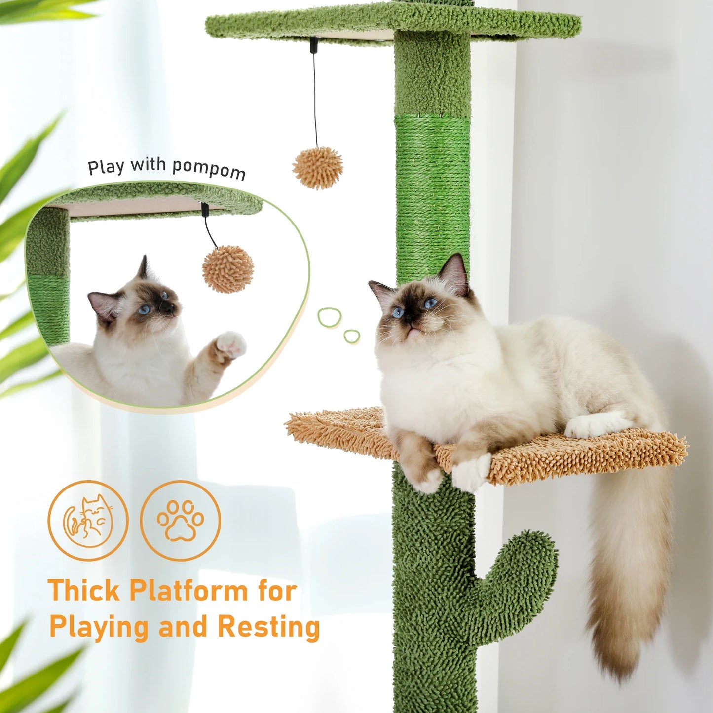 Tall Cactus Cat Tower – Multi-Level Cat Tree with Scratching Posts & Dangling Ball