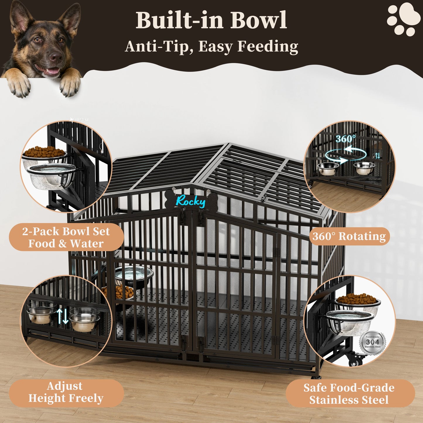 Large Breed Dog Kennel – Heavy Duty Steel Crate with Adjustable Bowls & Locking Wheels