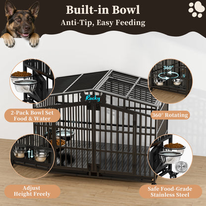 Large Breed Dog Kennel – Heavy Duty Steel Crate with Adjustable Bowls & Locking Wheels