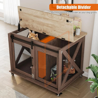 37-Inch Dog Kennel Furniture – Farmhouse Style Crate with Barn Door Design