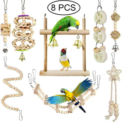 Bird Training Toy Set – 1/8PCS Wooden Swing & Chew Toys for Parrots