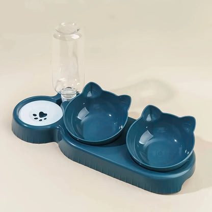 Tilted Cat Bowl & Water Feeder Set – 3-in-1 Neck Protection Feeding Station