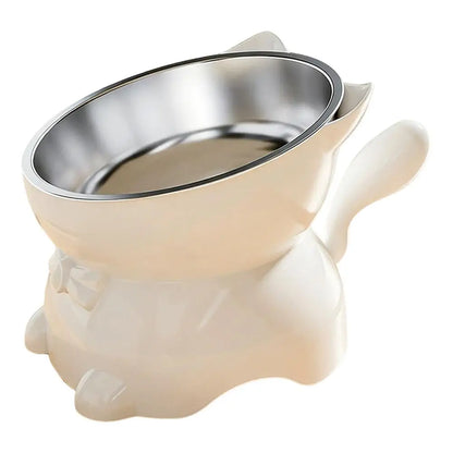 1pc Elevated Stainless Steel Cat Bowl, Inclined Food & Water Dish with Cute Ear Stand, Neck Protection Design for Cats