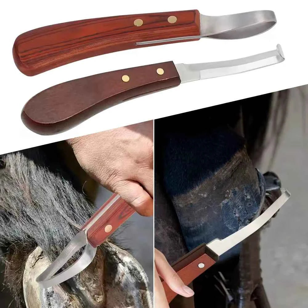 2 Pcs Horseshoe Knife With Wooden Handle Stainless Steel Double-edged & Ring-shaped Blades Cattle Sheep Hoof Trimming Tools