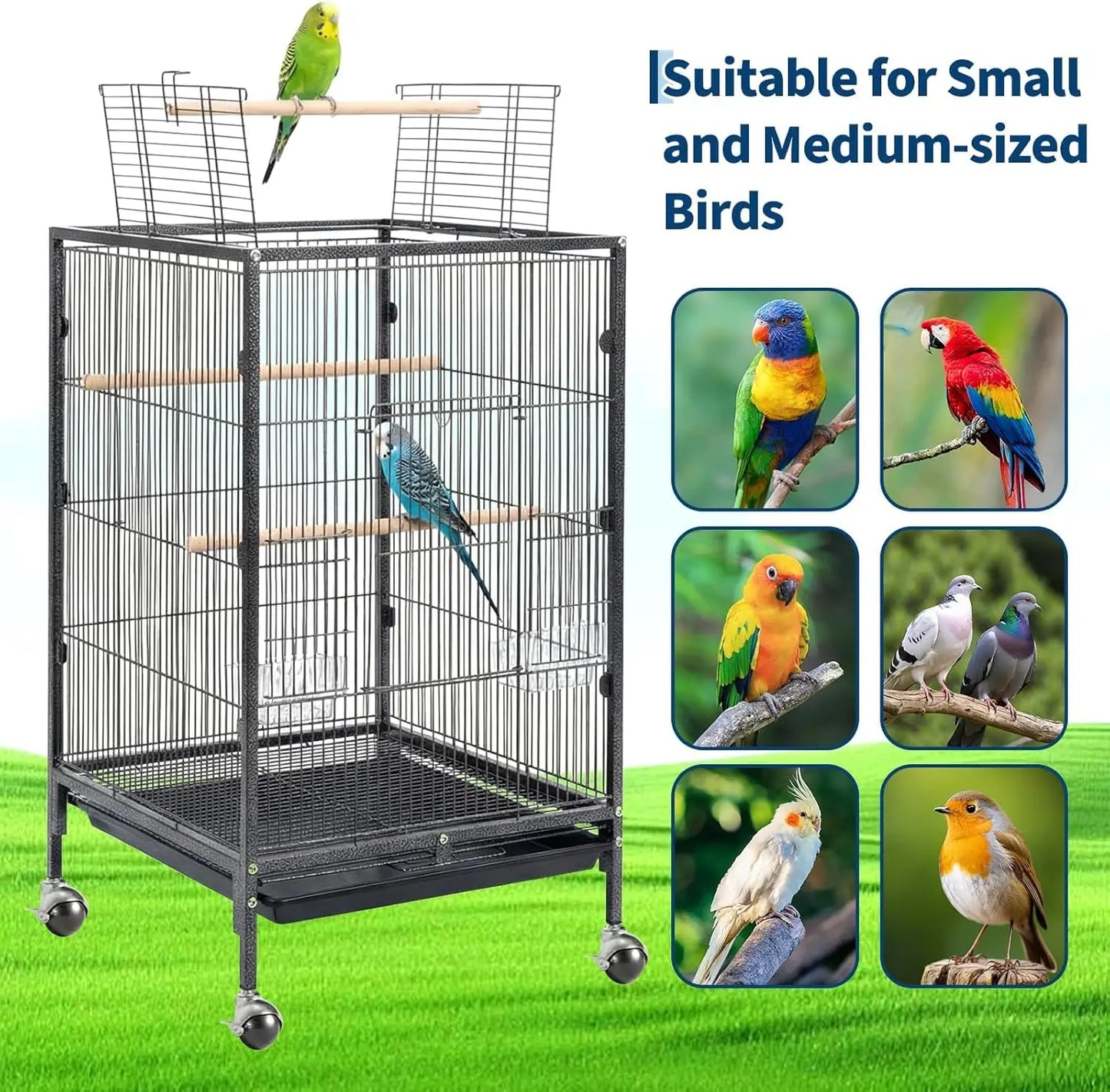 Rolling Bird Cage with Play Area – Spacious Metal Cage for Parakeets & Lovebirds