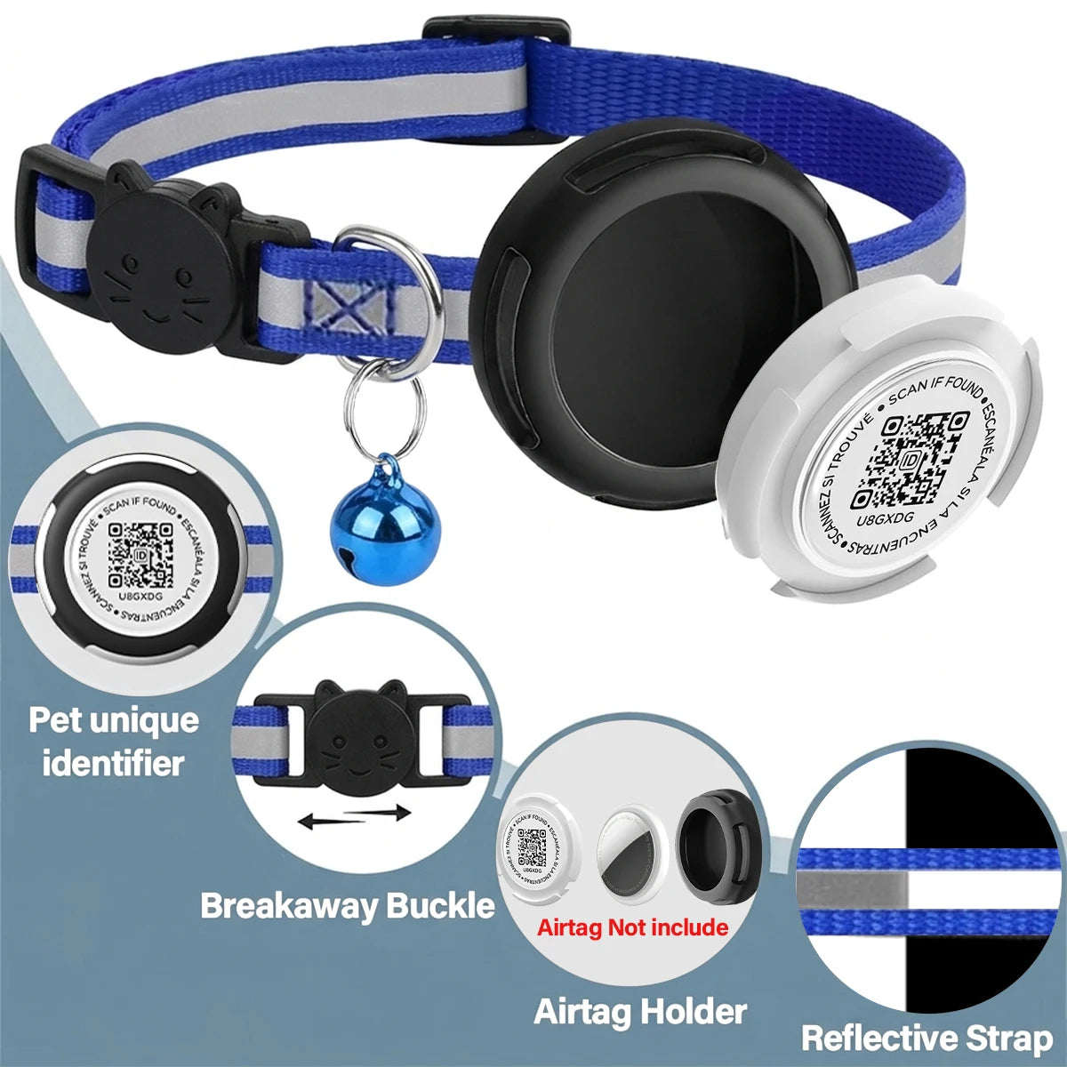 AirTag Cat Collar with Air tag Holder & Pet Name QR Code Dual Protection Reflective Pet Collar for Kitten Puppy (No Airtag)