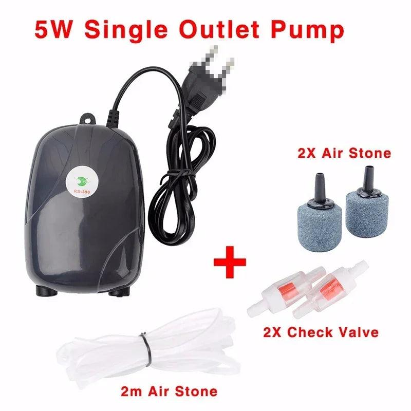 Fish Tank Air Compressor – Mini Single/Double Outlet Oxygen Pump with Accessories (3W/5W)