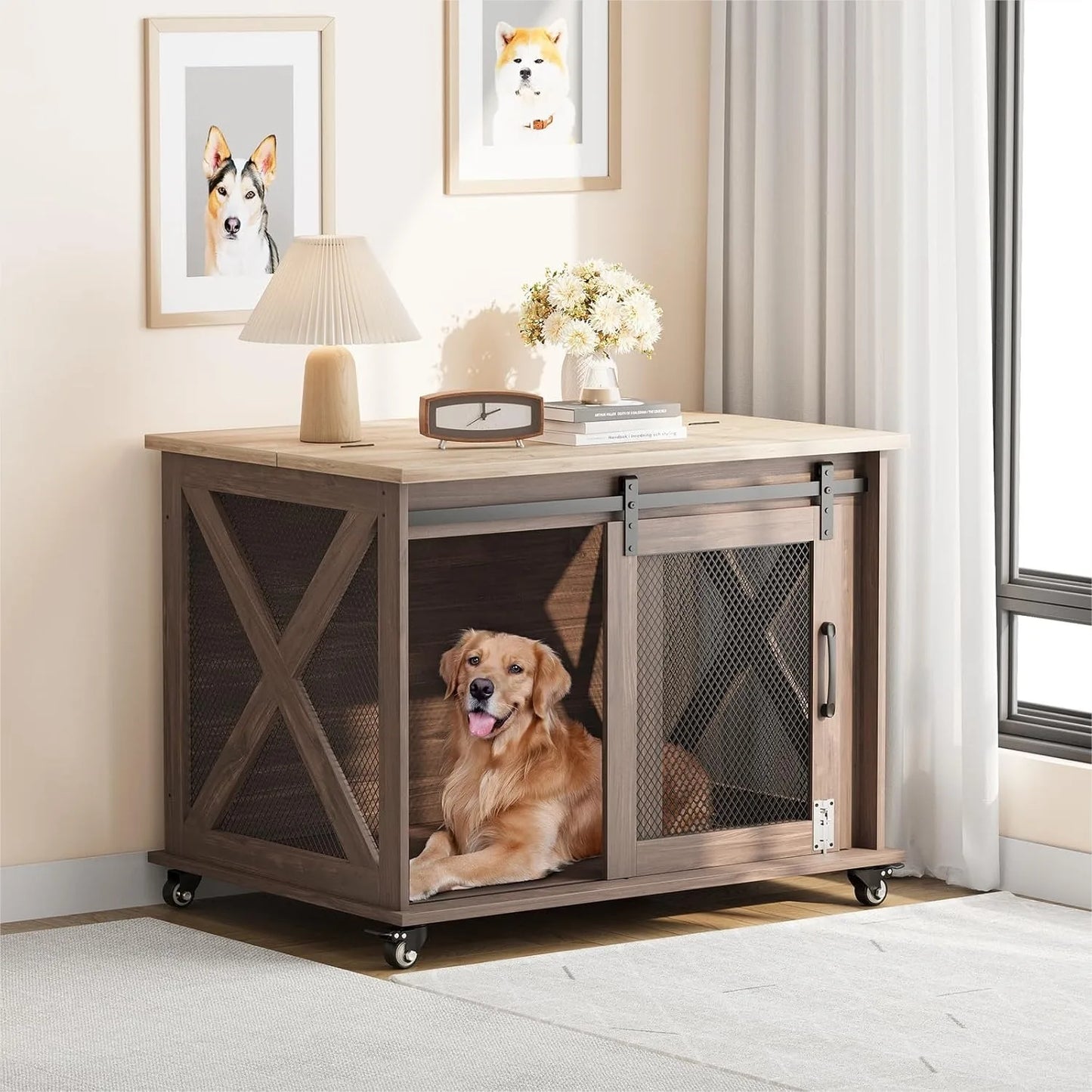 37-Inch Dog Kennel Furniture – Farmhouse Style Crate with Barn Door Design