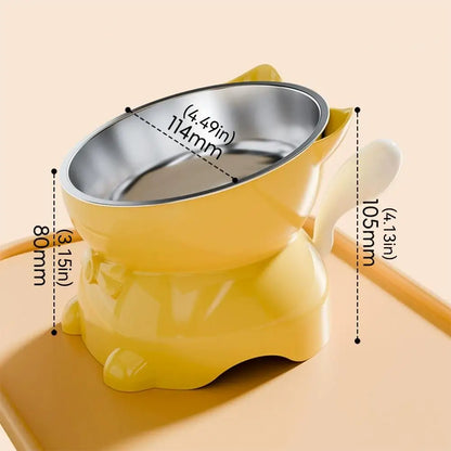1pc Elevated Stainless Steel Cat Bowl, Inclined Food & Water Dish with Cute Ear Stand, Neck Protection Design for Cats