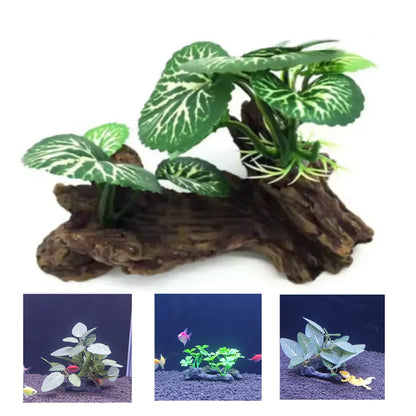 Fish Tank Artificial Plant – Tree Trunk Wood Decor with Underwater Grass