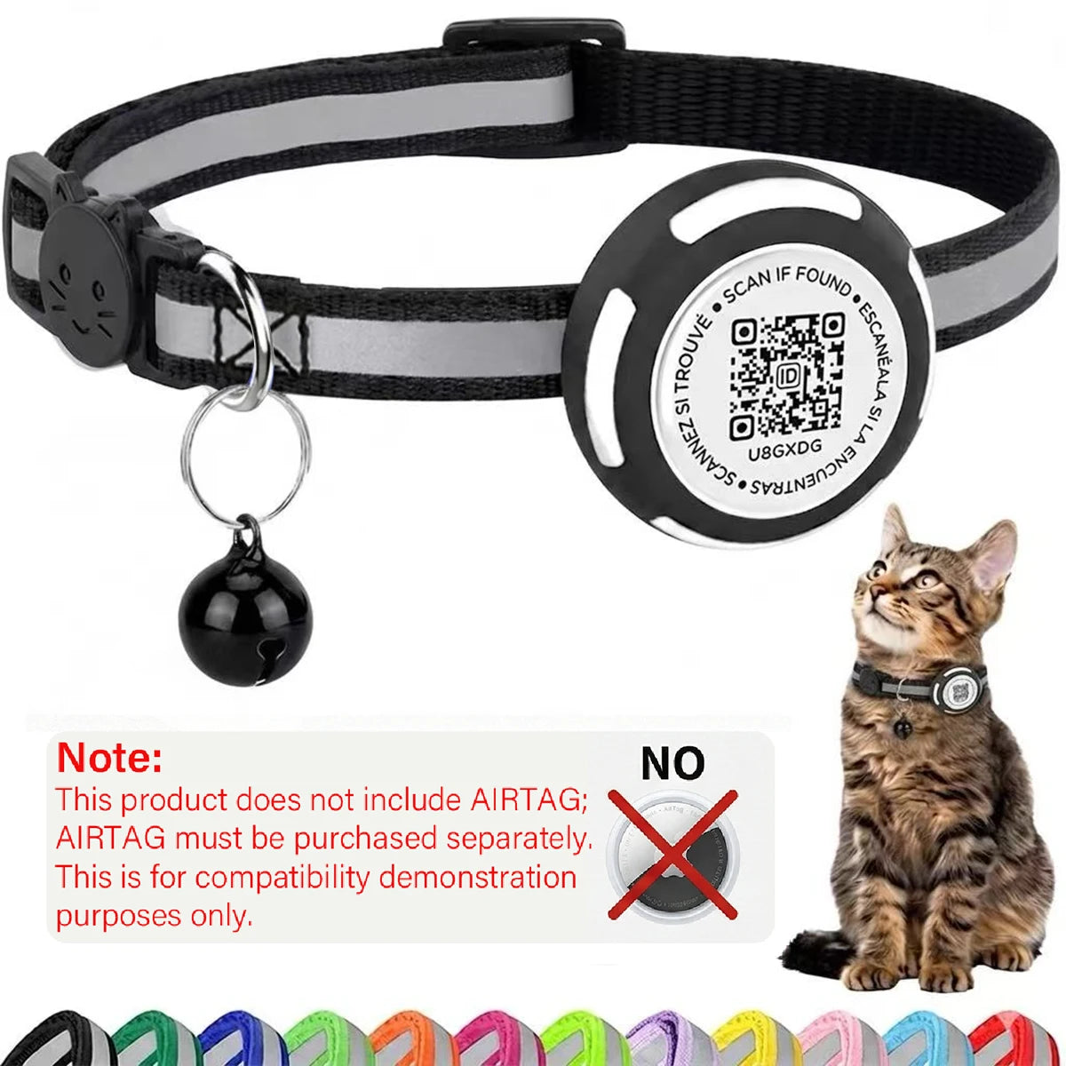 AirTag Cat Collar with Air tag Holder & Pet Name QR Code Dual Protection Reflective Pet Collar for Kitten Puppy (No Airtag)