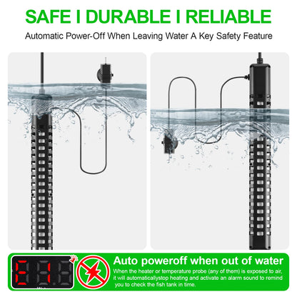 Aquarium fish tank heater with digital adjustable safety protection, automatically shuts off power when water comes out