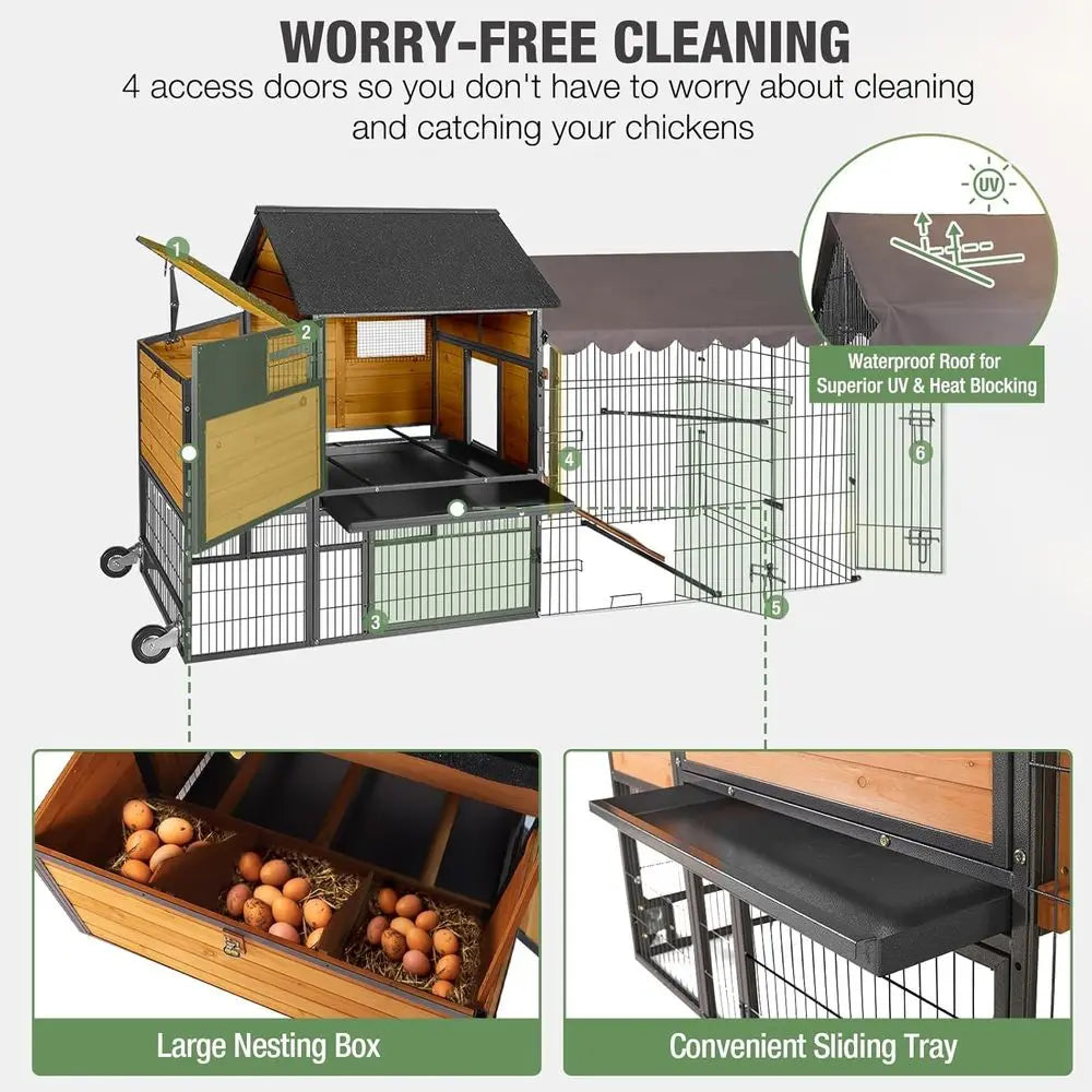 Outdoor Chicken Coop on Wheels – Spacious Poultry Cage for 6–8 Chickens