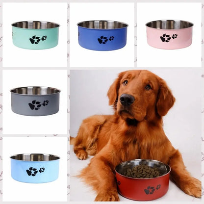 Stainless Steel Pet Food Bowl – Cartoon Footprint Anti-Slip Dog Bowl