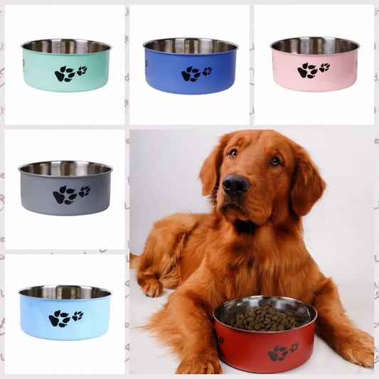 Stainless Steel Pet Food Bowl – Cartoon Footprint Anti-Slip Dog Bowl