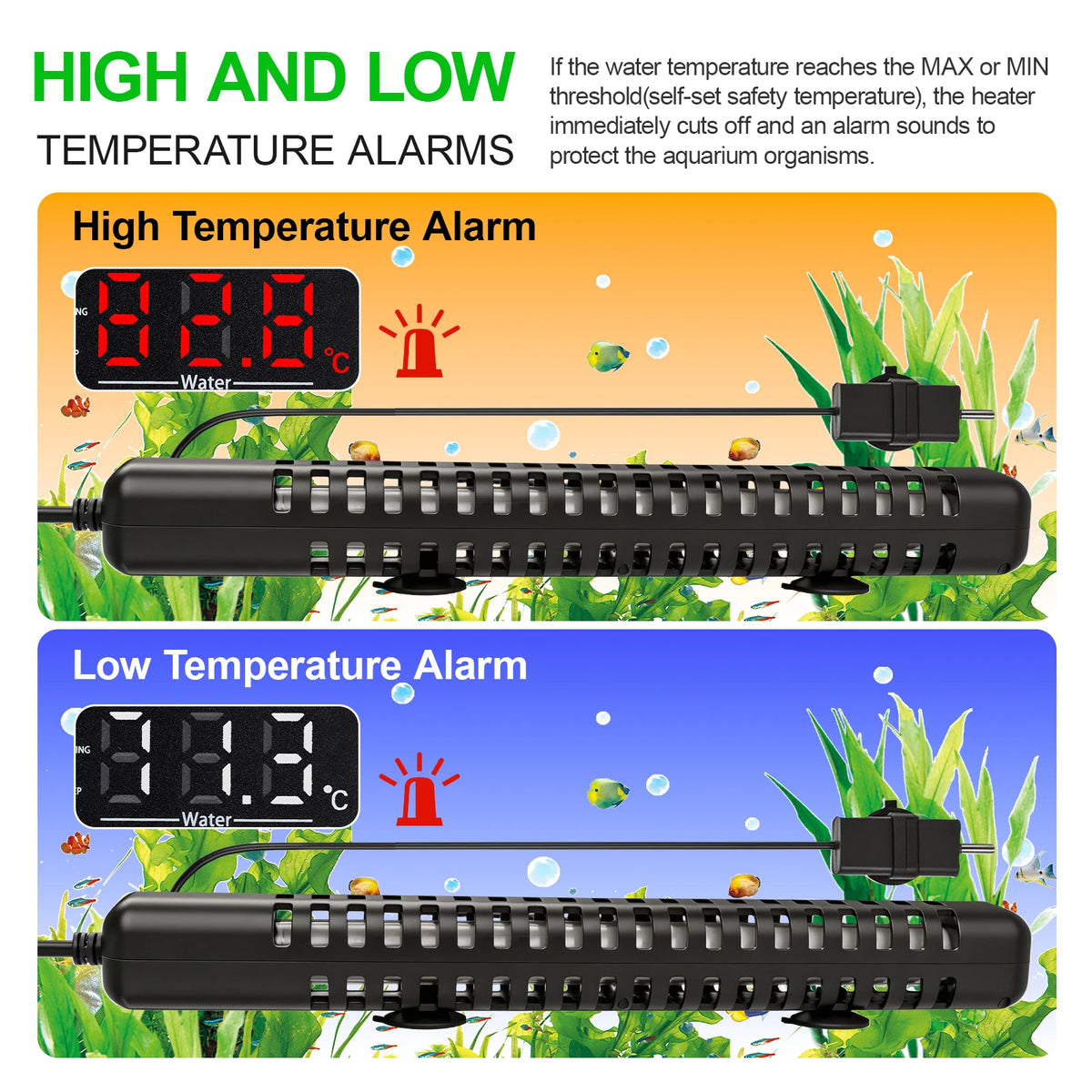 Aquarium fish tank heater with digital adjustable safety protection, automatically shuts off power when water comes out