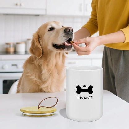 Airtight Dog Treat Container - 5" Wide Ceramic Jar with Bamboo Lid, Farmhouse Style