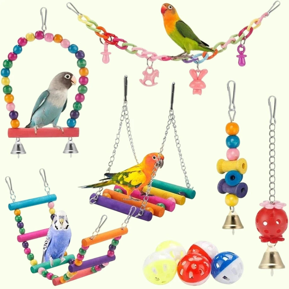 Wooden Bird Toys & Perches – 11PCS Cage Accessory Set for Conures & Cockatiels
