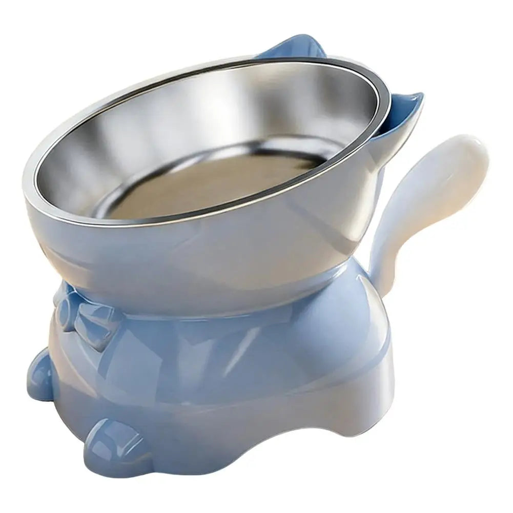 1pc Elevated Stainless Steel Cat Bowl, Inclined Food & Water Dish with Cute Ear Stand, Neck Protection Design for Cats