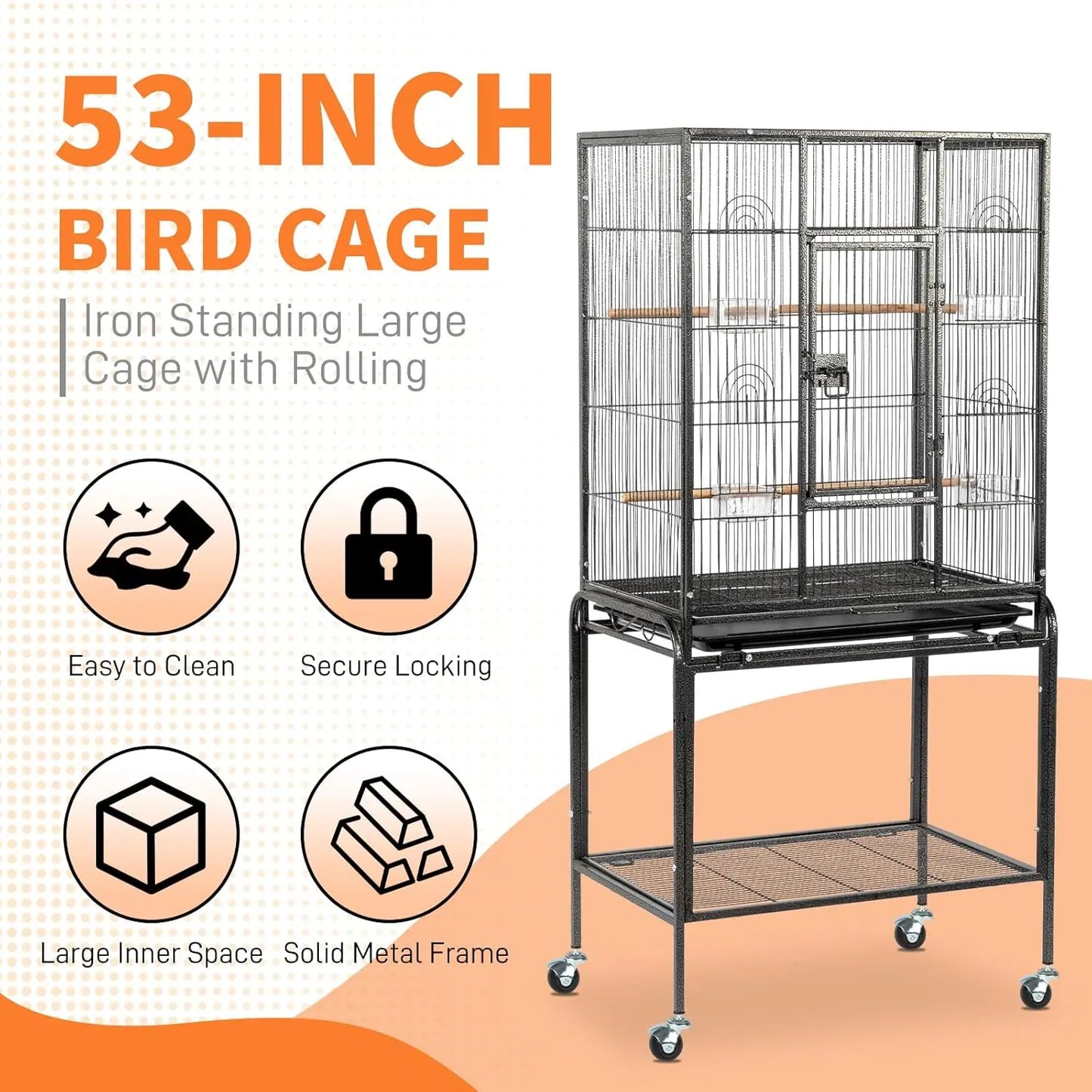 Heavy Duty Bird Cage – 53-Inch Cage with Wheels & Removable Slide-Out Tray