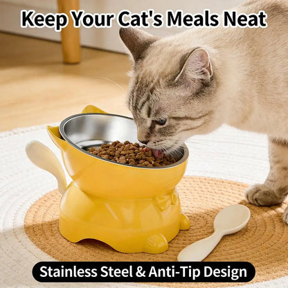 1pc Elevated Stainless Steel Cat Bowl, Inclined Food & Water Dish with Cute Ear Stand, Neck Protection Design for Cats