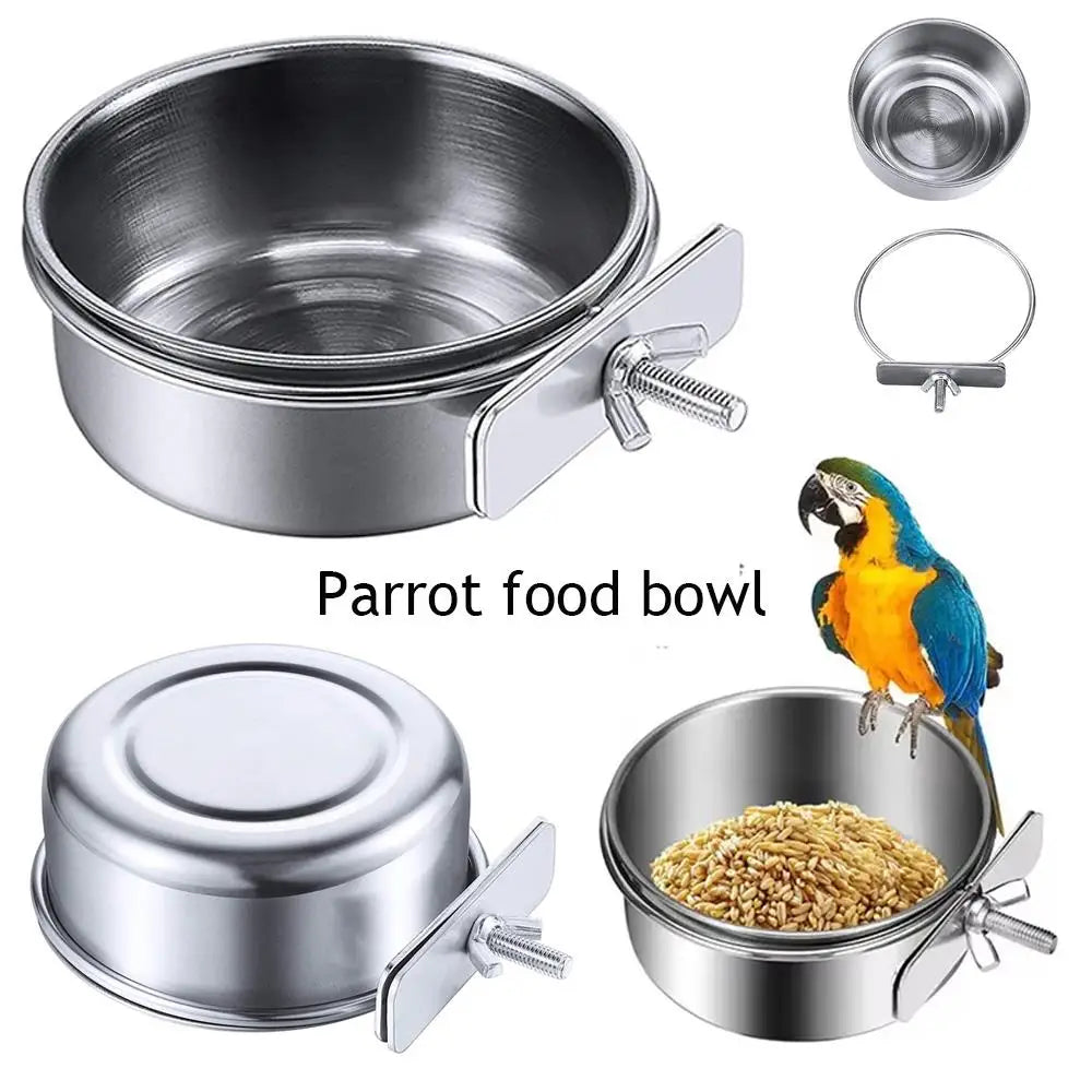 Stainless Steel Bird Bowls Parrot Feeding Bowl Cage Cup Hanging Bowl Clamp-on Water Drinker Pet Food Dish Parrot