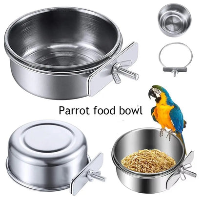 Stainless Steel Bird Bowls Parrot Feeding Bowl Cage Cup Hanging Bowl Clamp-on Water Drinker Pet Food Dish Parrot