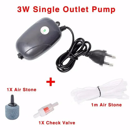 Fish Tank Air Compressor – Mini Single/Double Outlet Oxygen Pump with Accessories (3W/5W)